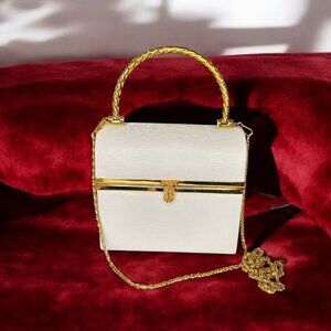 Vintage White Lunchbox‎ Purse Handbag Gold Chain Mod MCM Embossed Faux Leather